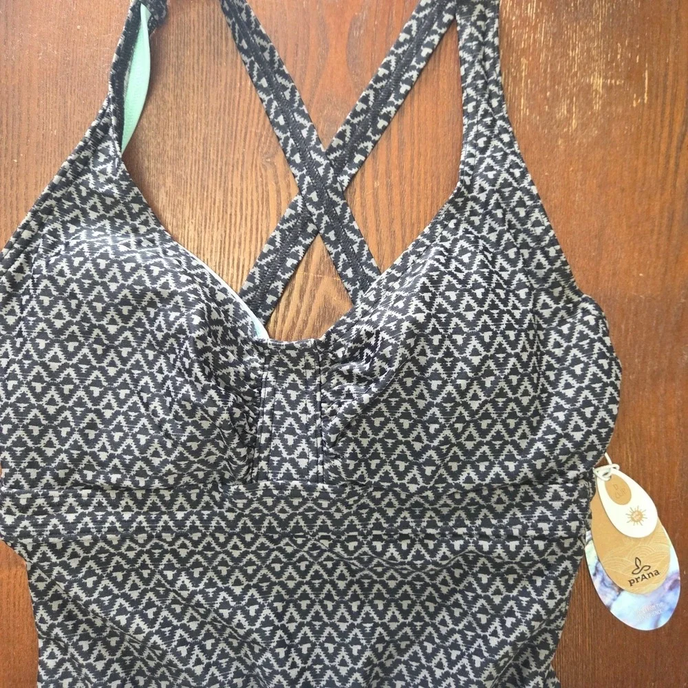 NWT Prana Strappy Back One Piece Swimsuit Geometric Gray Adjustable XS UPF 50